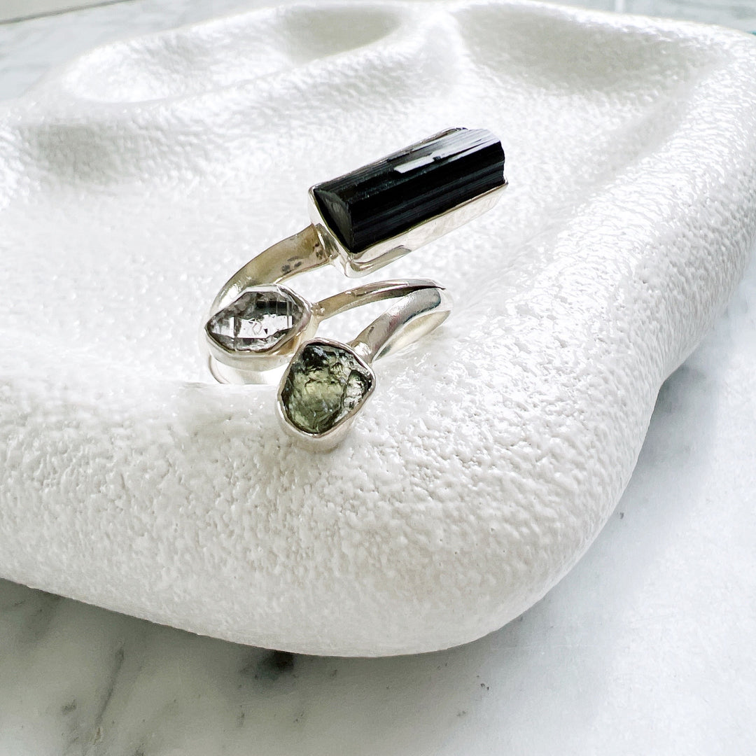 Moldavite , Herkimer Diamond & Black Tourmaline Ring