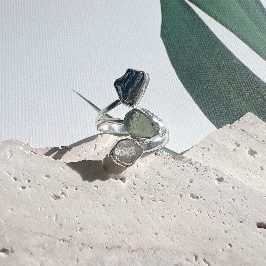 MOLDAVITE, HERKIMER DIAMOND & CAMPO DEL CIELO RING