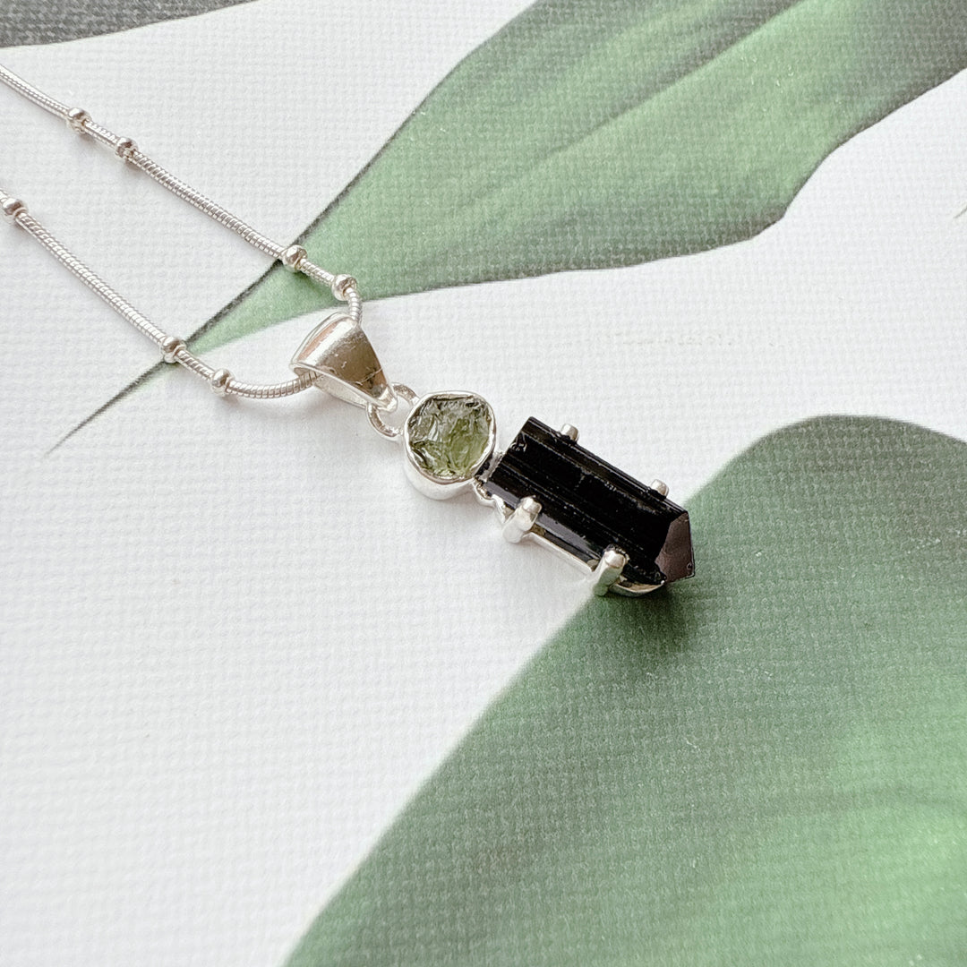 MOLDAVITE & BLACK TOURMALINE PENDANT