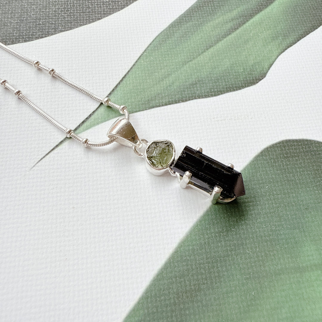 MOLDAVITE & BLACK TOURMALINE PENDANT