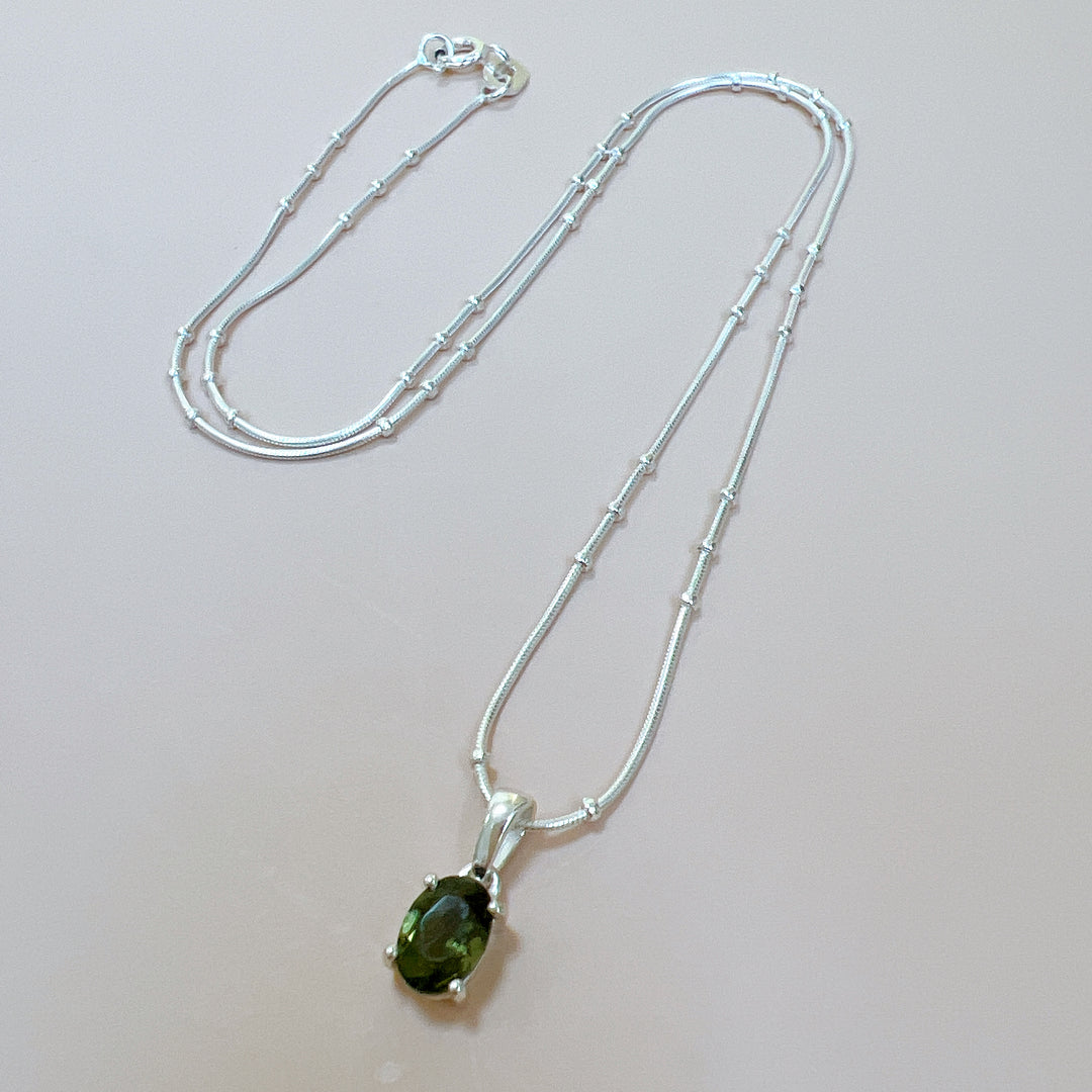 Faceted Moldavite Pendant & Silver Chain