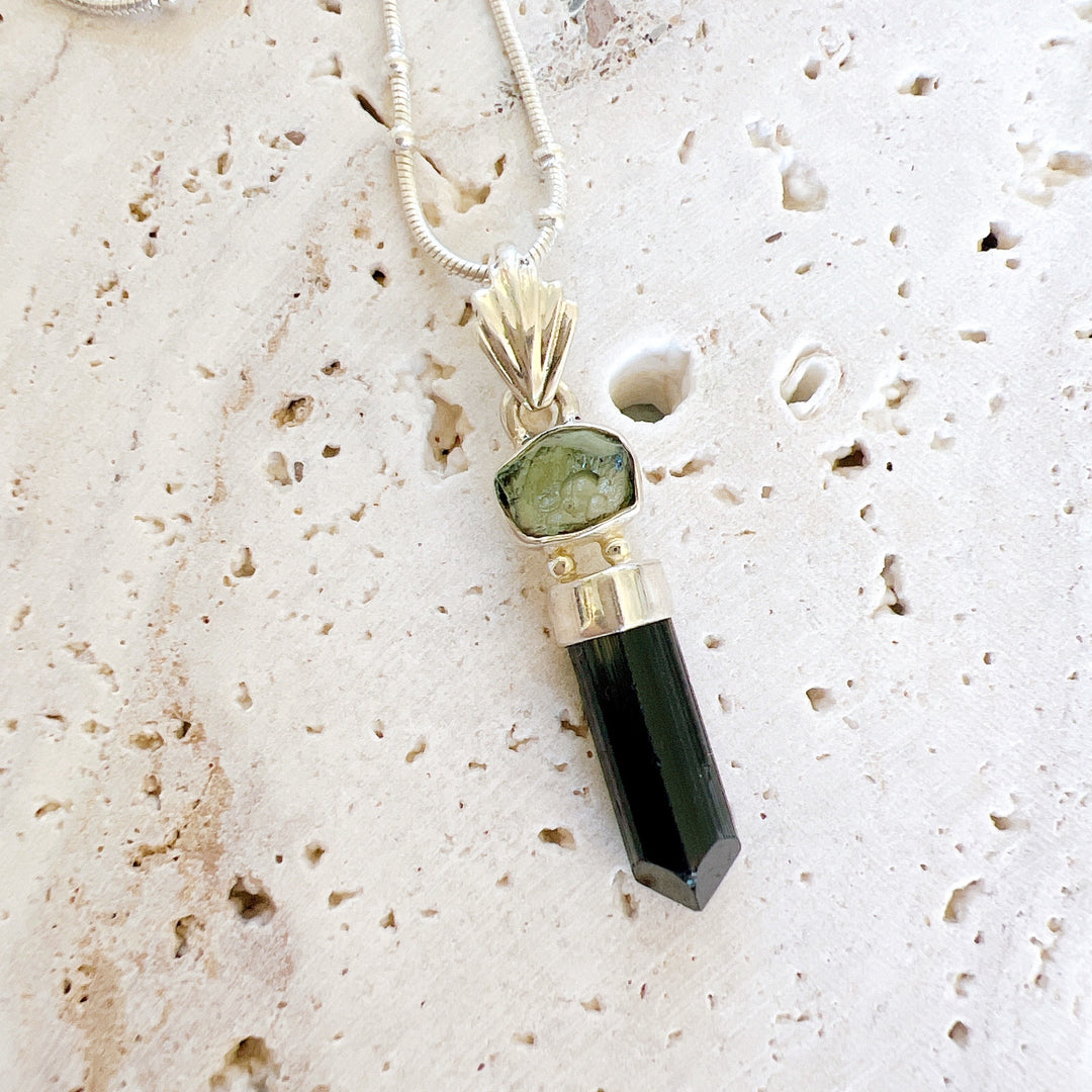 MOLDAVITE & BLACK TOURMALINE PENDANT