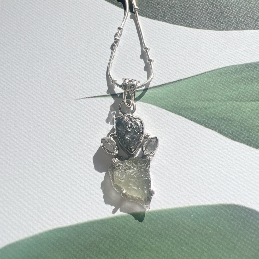 MOLDAVITE, HERKIMER DIAMOND, METEORITE CAMPO DEL CIELO PENDANT