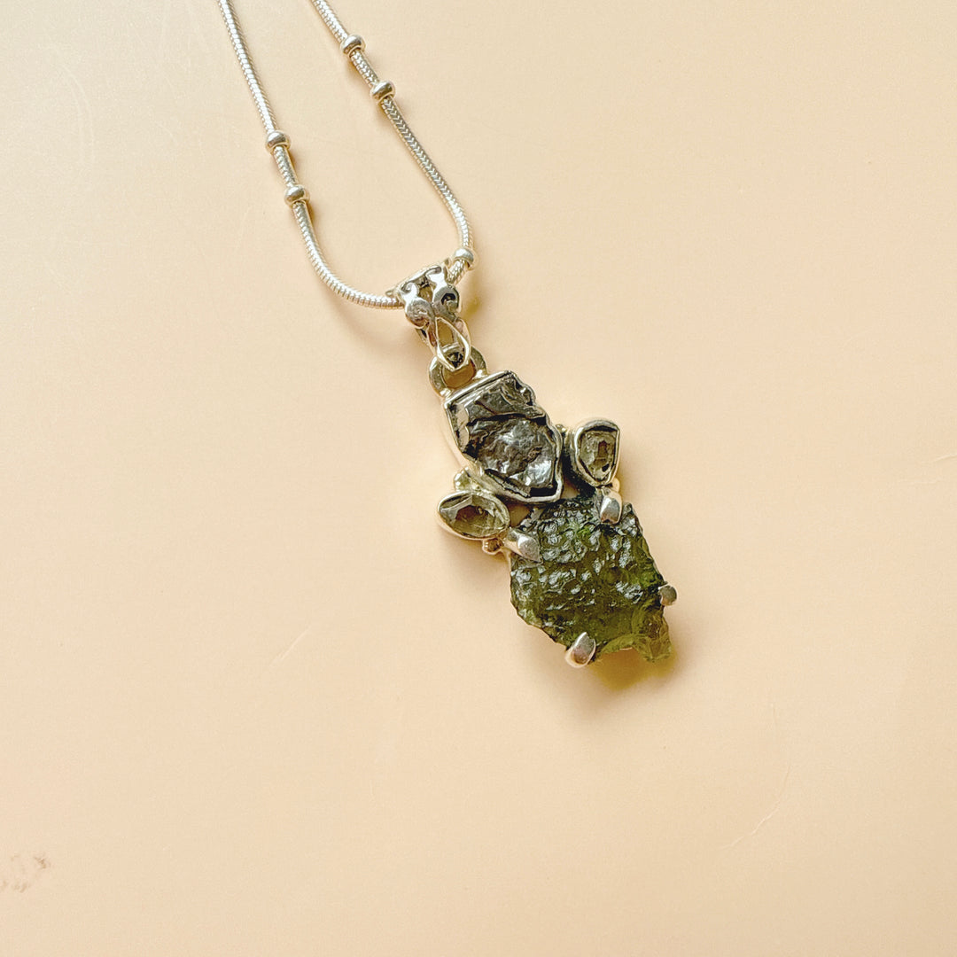 MOLDAVITE, HERKIMER DIAMOND, METEORITE CAMPO DEL CIELO PENDANT