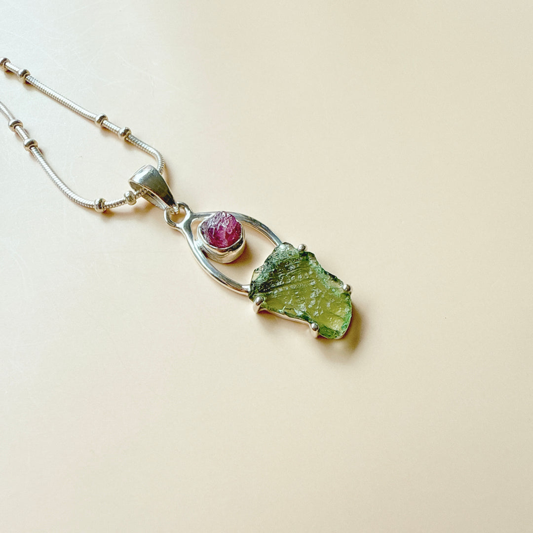 Moldavite & Pink Tourmaline Pendant