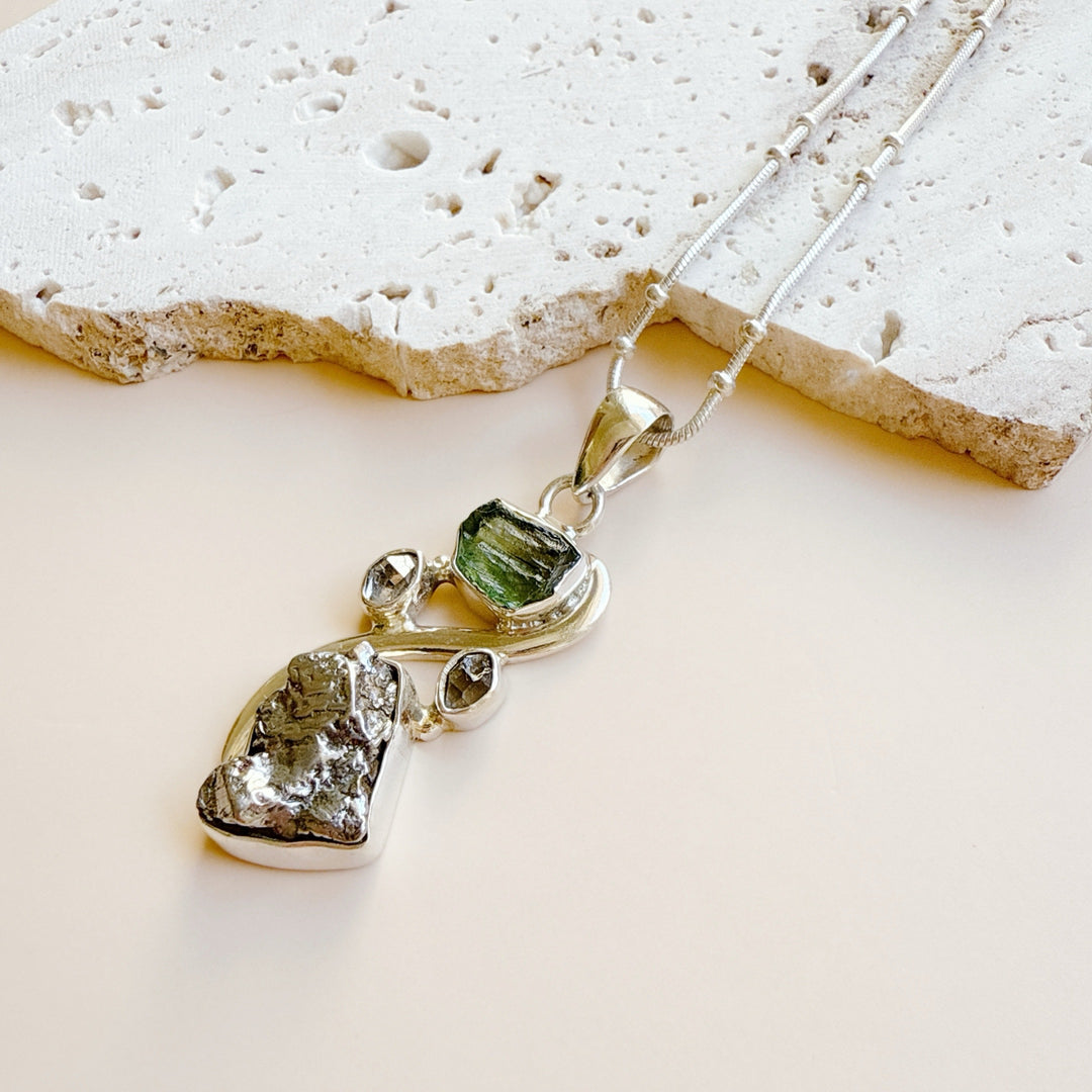 MOLDAVITE, HERKIMER DIAMOND, METEORITE CAMPO DEL CIELO PENDANT