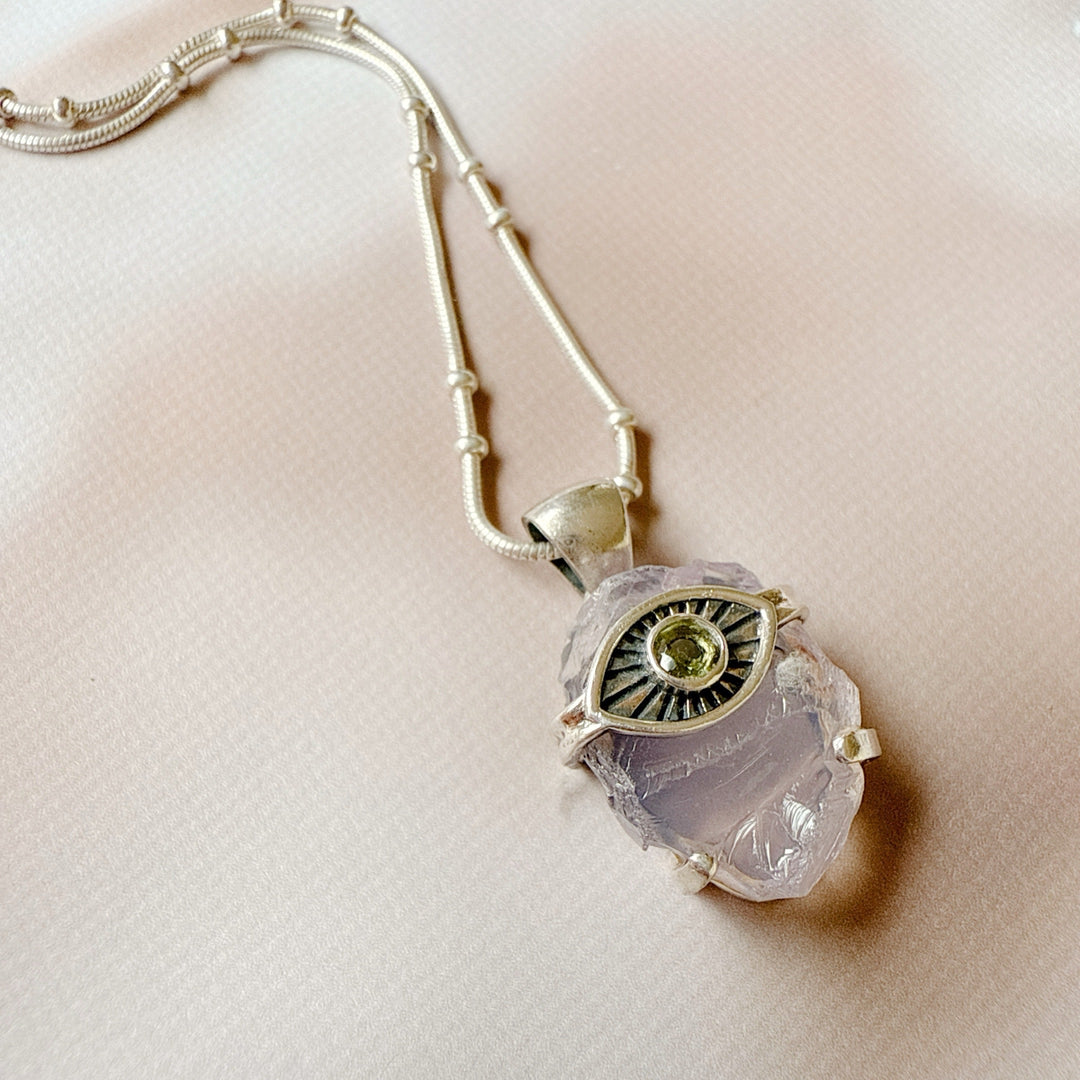 Evil Eye Pendant with Lavender & Faceted Moldavite