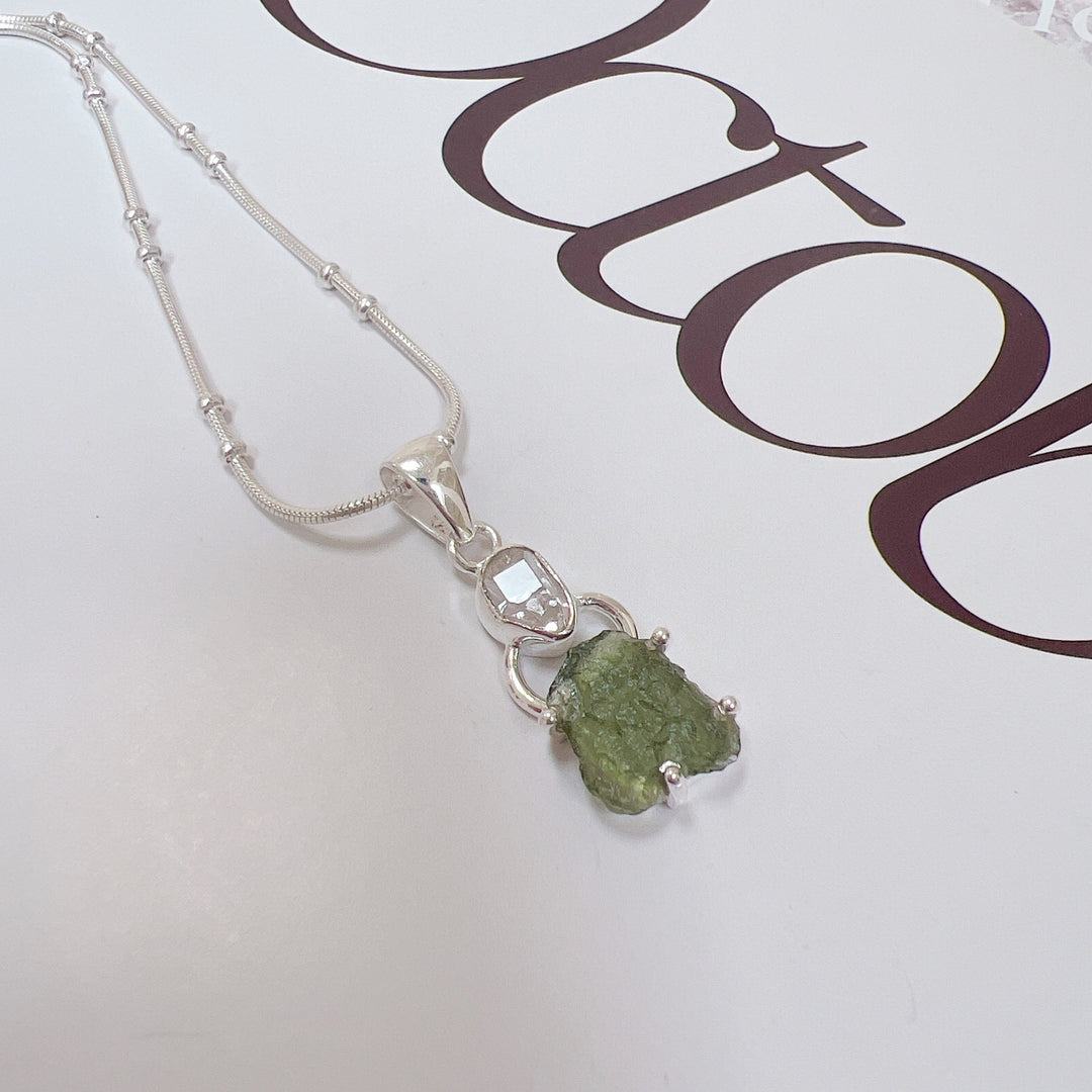 MOLDAVITE & HERKEMIR DIAMOND PENDANT