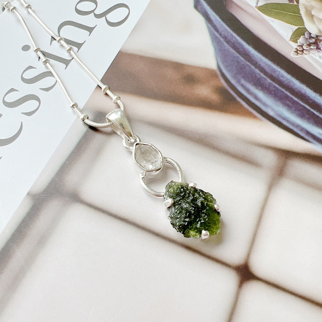 MOLDAVITE & HERKEMIR DIAMOND PENDANT