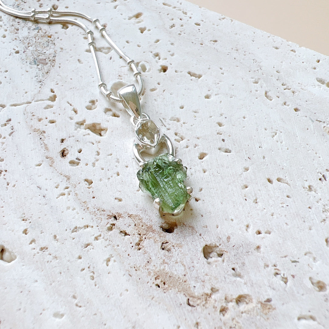 MOLDAVITE & HERKEMIR DIAMOND PENDANT