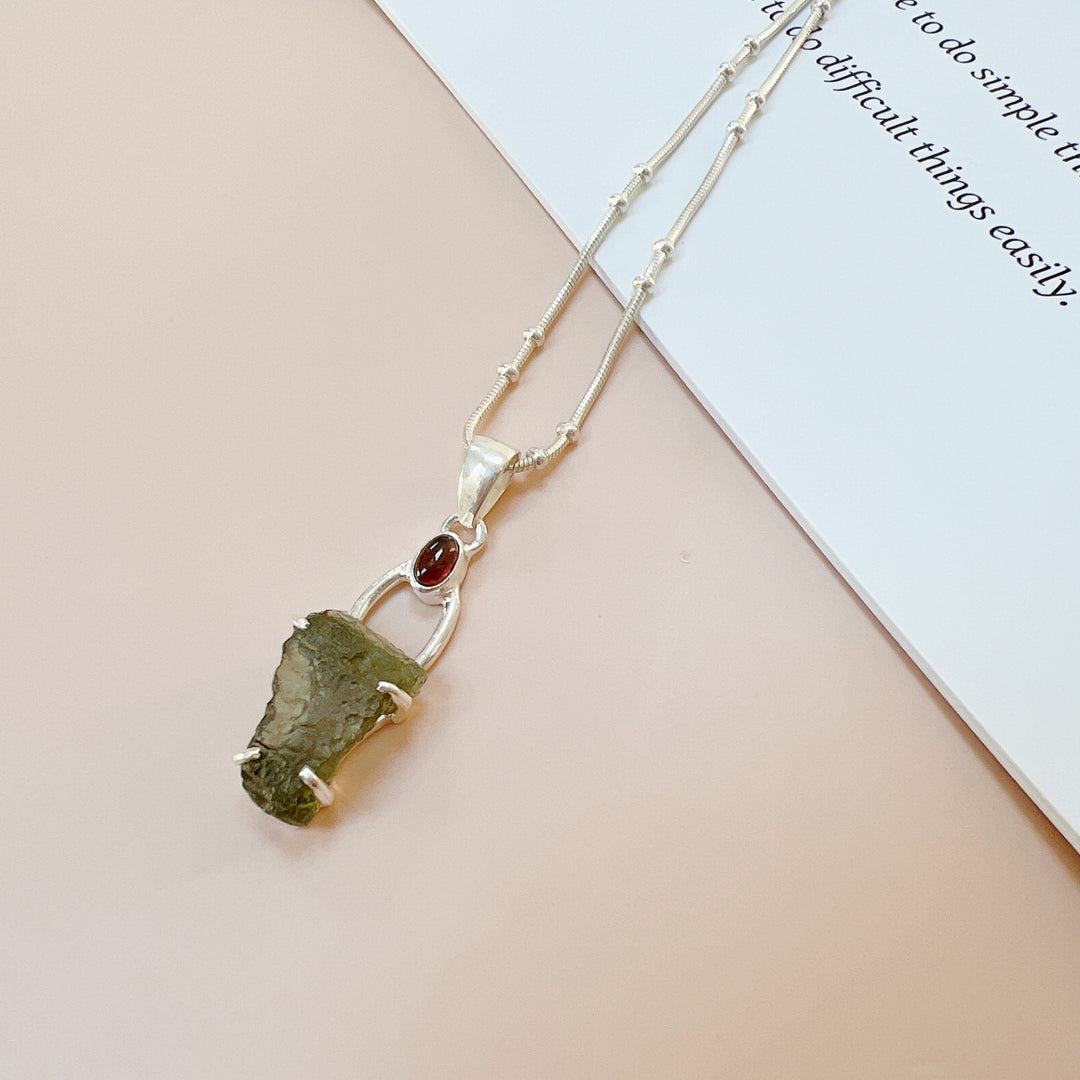 Moldavite & Garnet Pendant