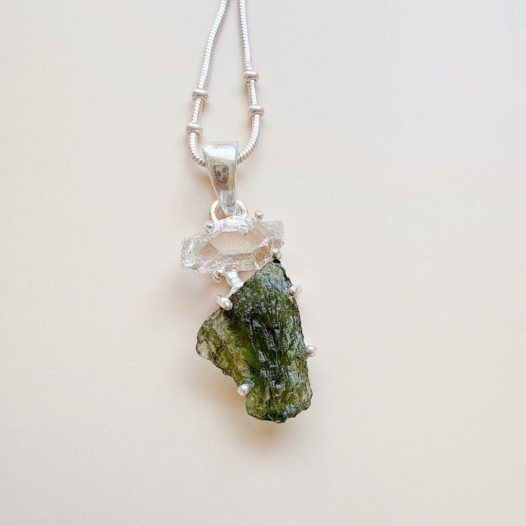 MOLDAVITE & HERKEMIER DIAMOND PENDANT