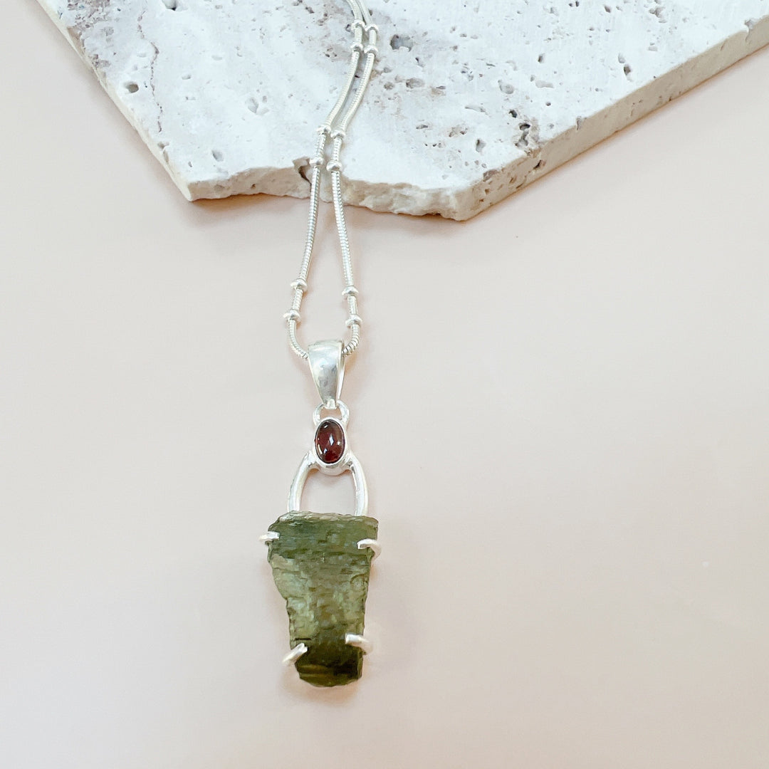 Moldavite & Garnet Pendant