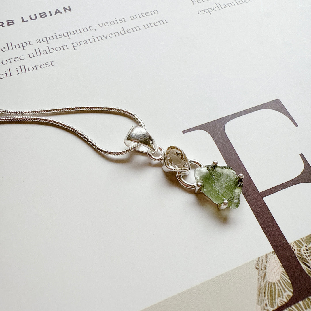 MOLDAVITE & HERKEMIER DIAMOND PENDANT