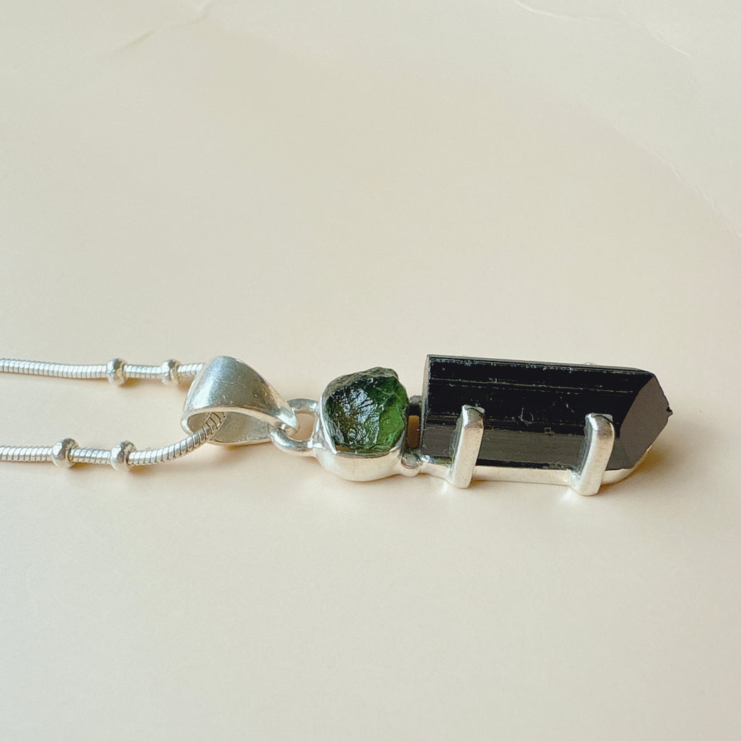 MOLDAVITE & BLACK TOURMALINE PENDANT