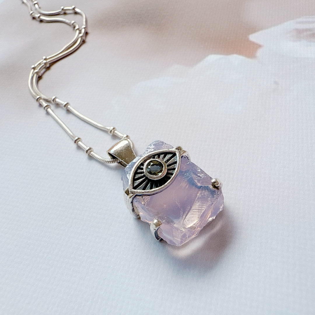 Evil Eye Pendant with Lavender & Faceted Moldavite