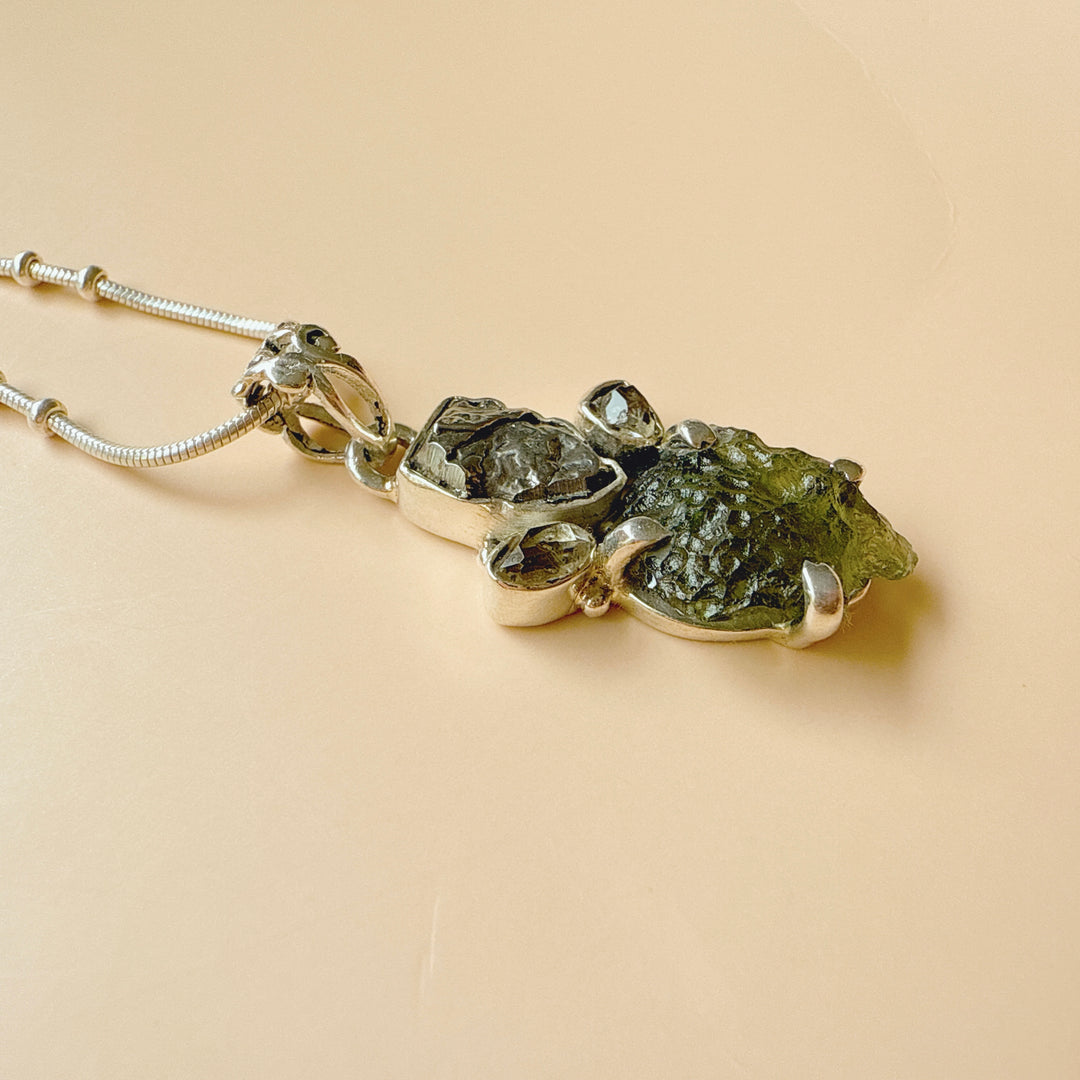 MOLDAVITE, HERKIMER DIAMOND, METEORITE CAMPO DEL CIELO PENDANT