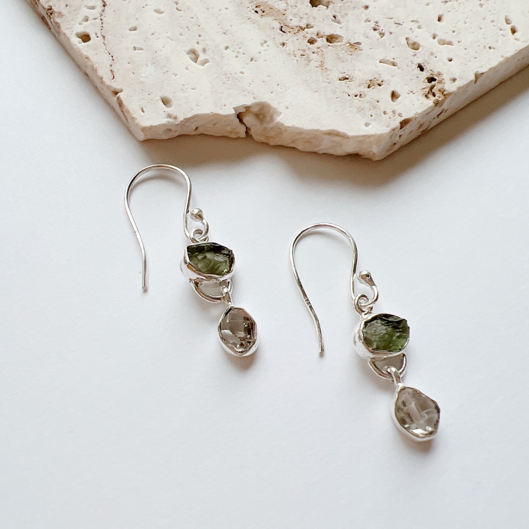 Moldavite & Herkemir Diamond Earrings