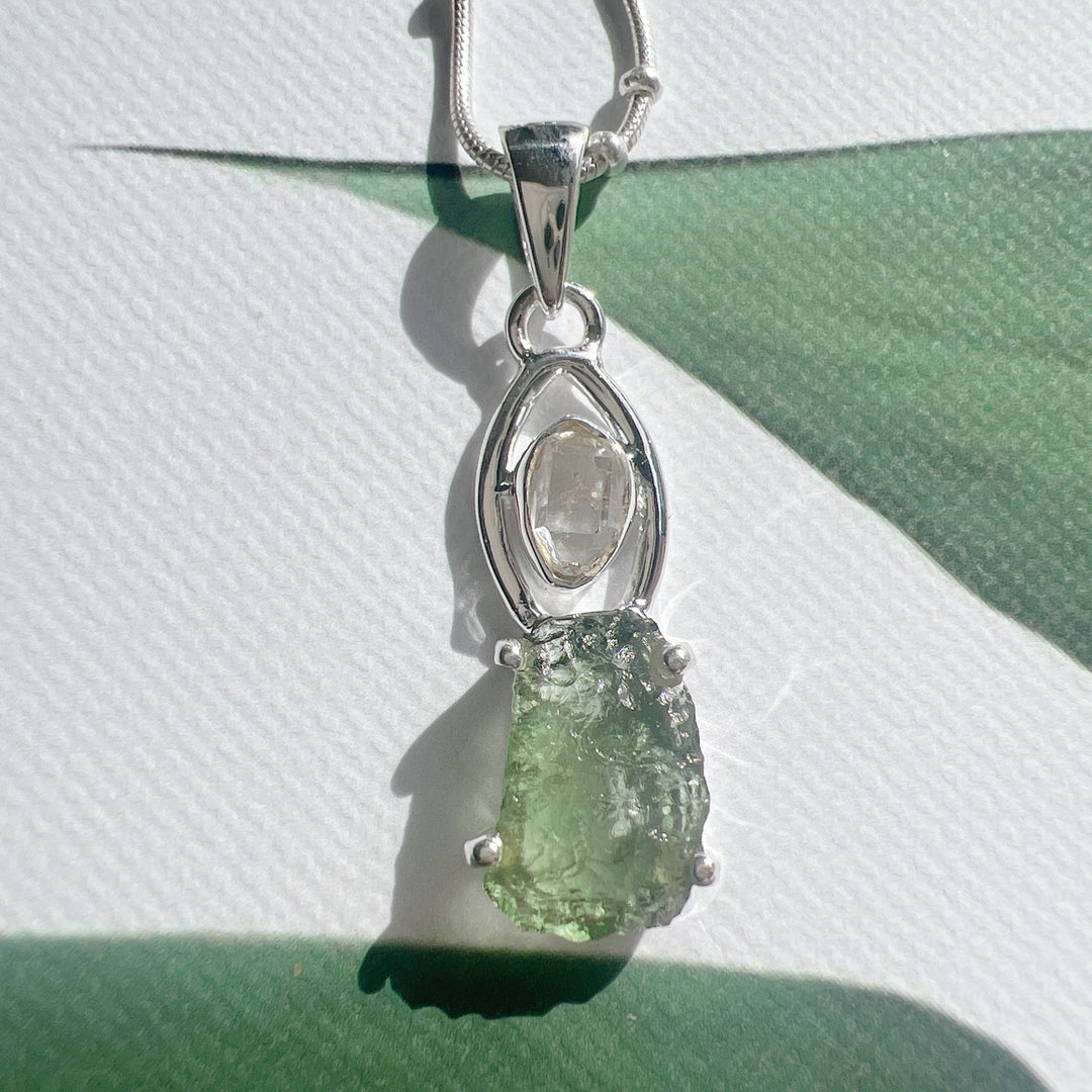 MOLDAVITE & HERKEMIER DIAMOND PENDANT