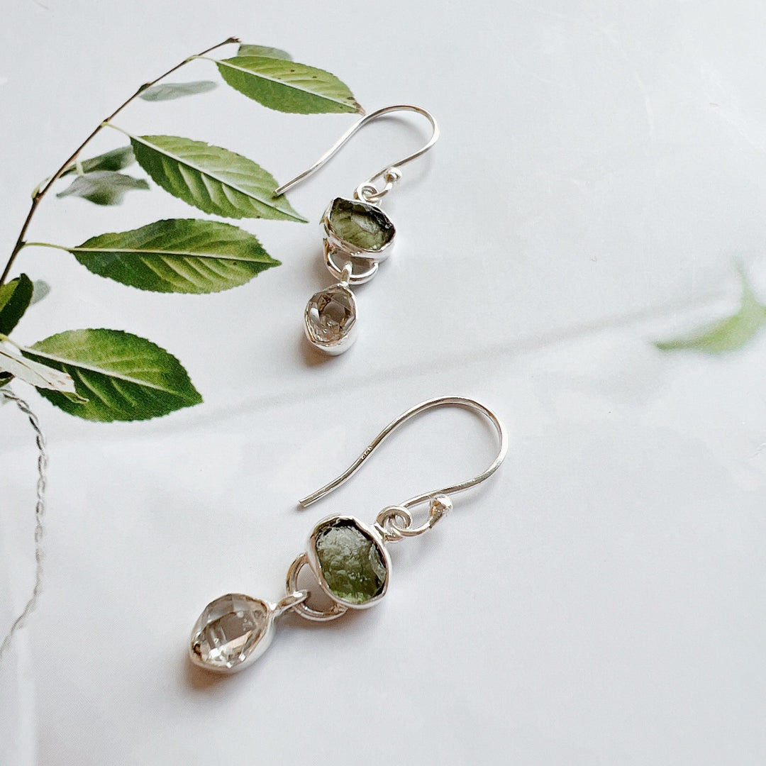 Moldavite & Herkemir Diamond Earrings