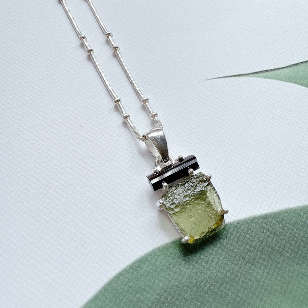 MOLDAVITE & BLACK TOURMALINE PENDANT