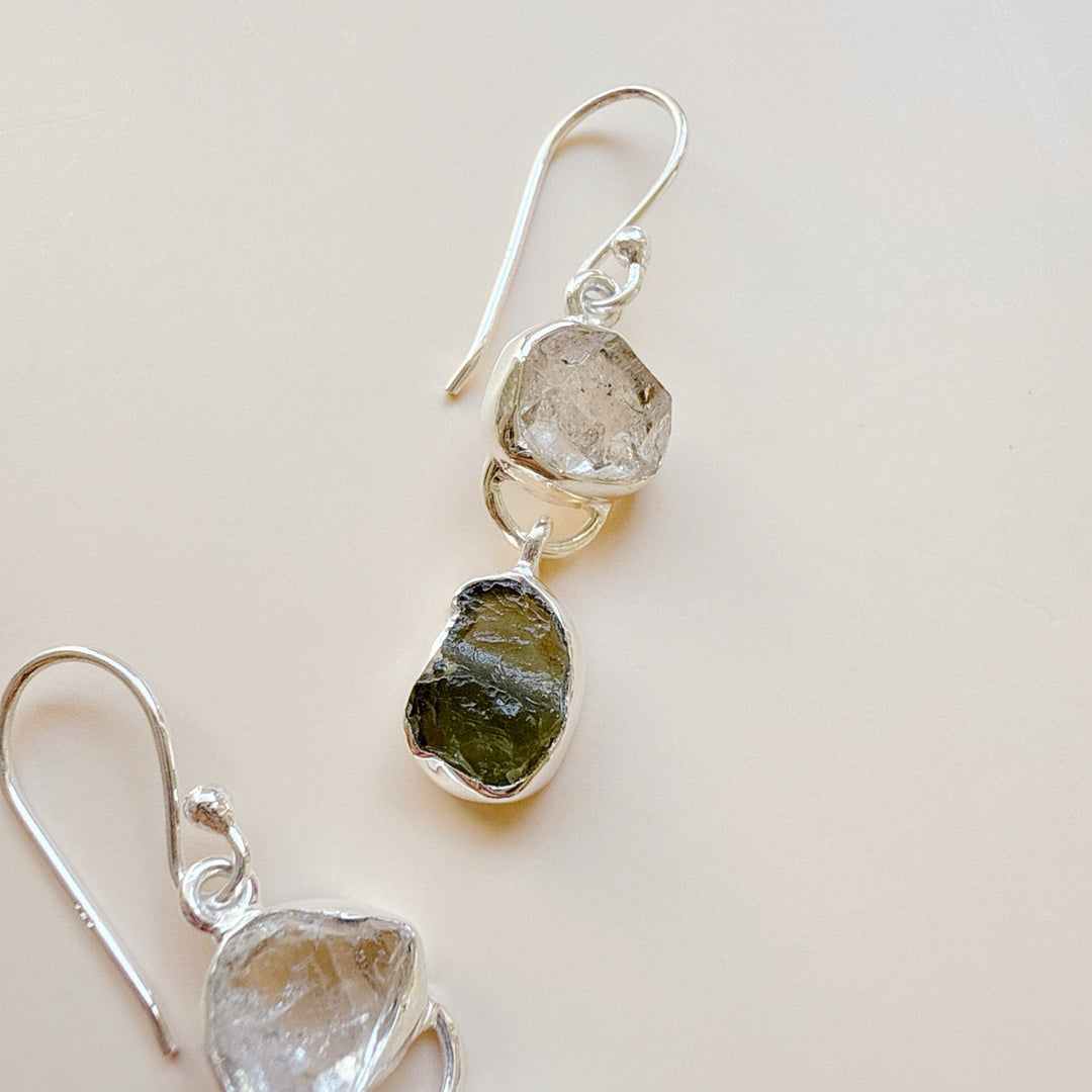 Moldavite & Herkemir Diamond Earrings