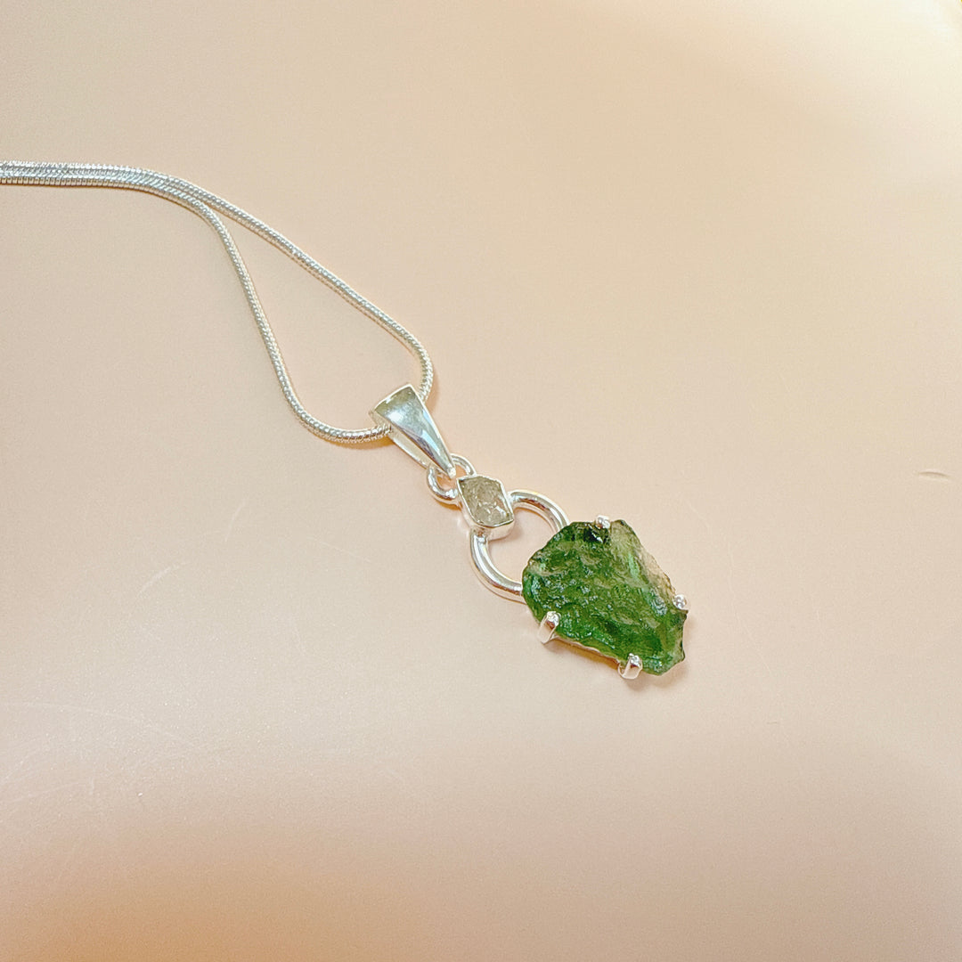 MOLDAVITE & HERKEMIER DIAMOND PENDANT