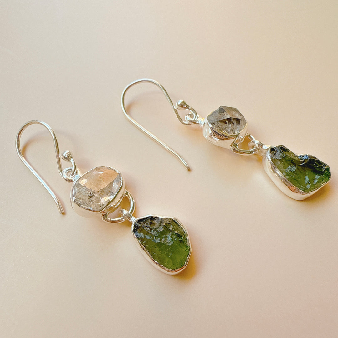 Moldavite & Herkemir Diamond Earrings