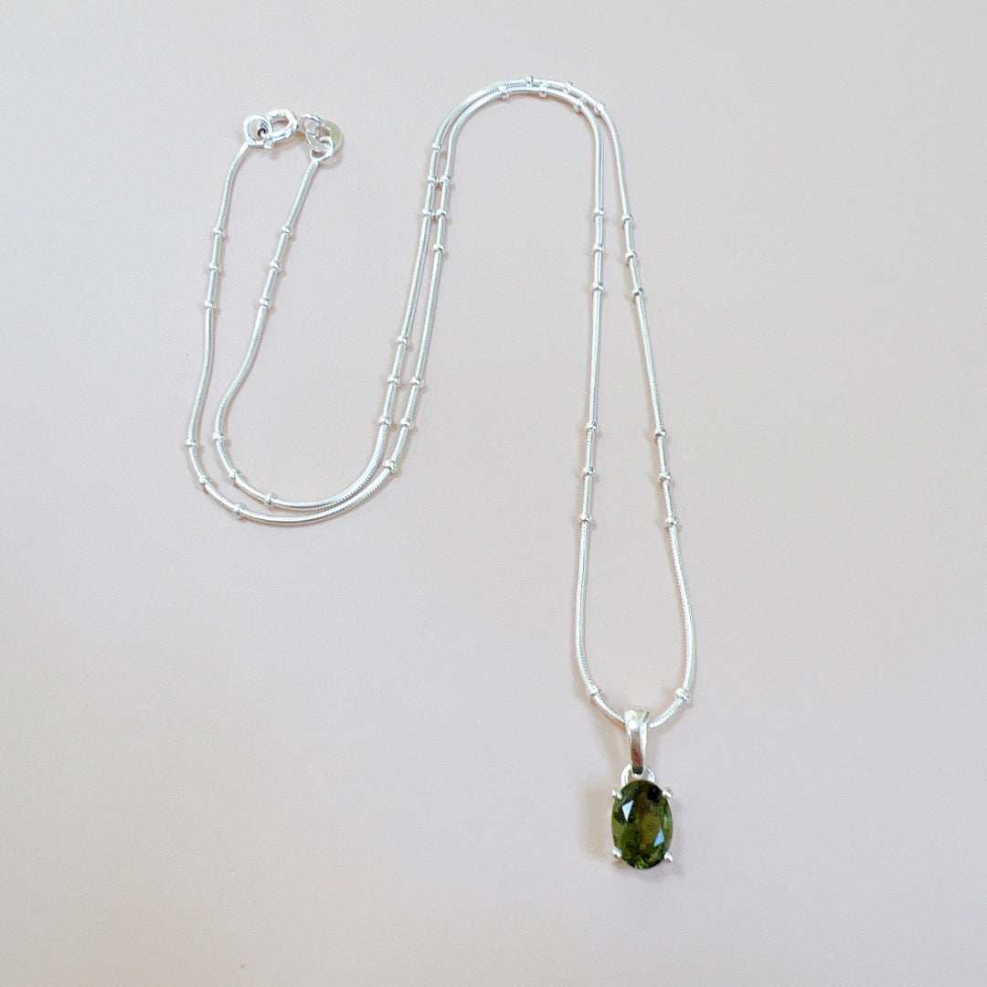 Faceted Moldavite Pendant & Silver Chain