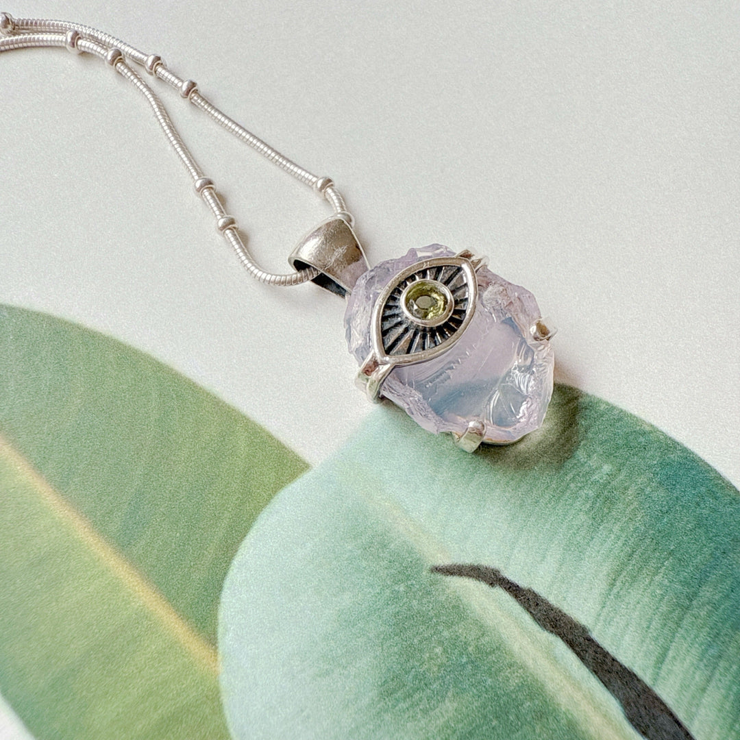 Evil Eye Pendant with Lavender & Faceted Moldavite