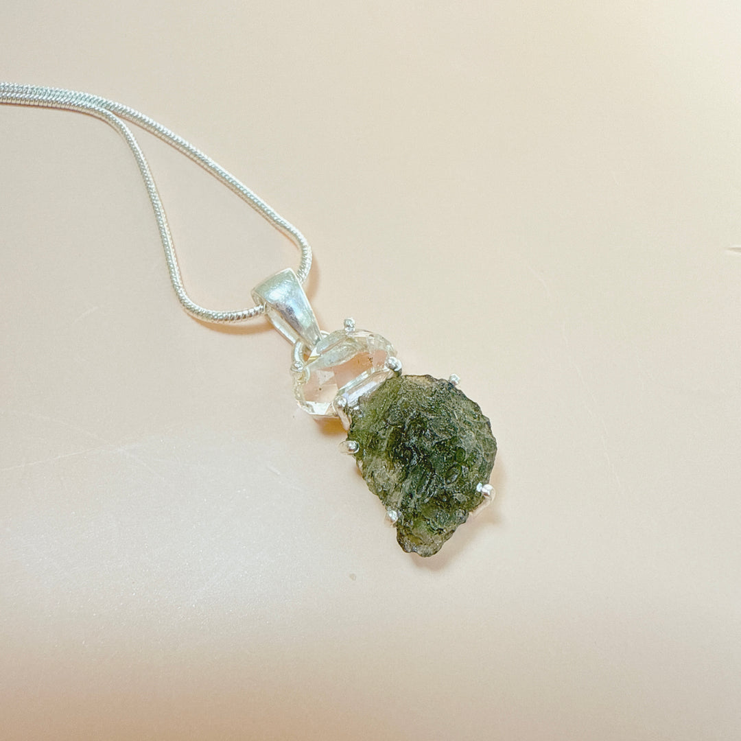 MOLDAVITE & HERKEMIER DIAMOND PENDANT