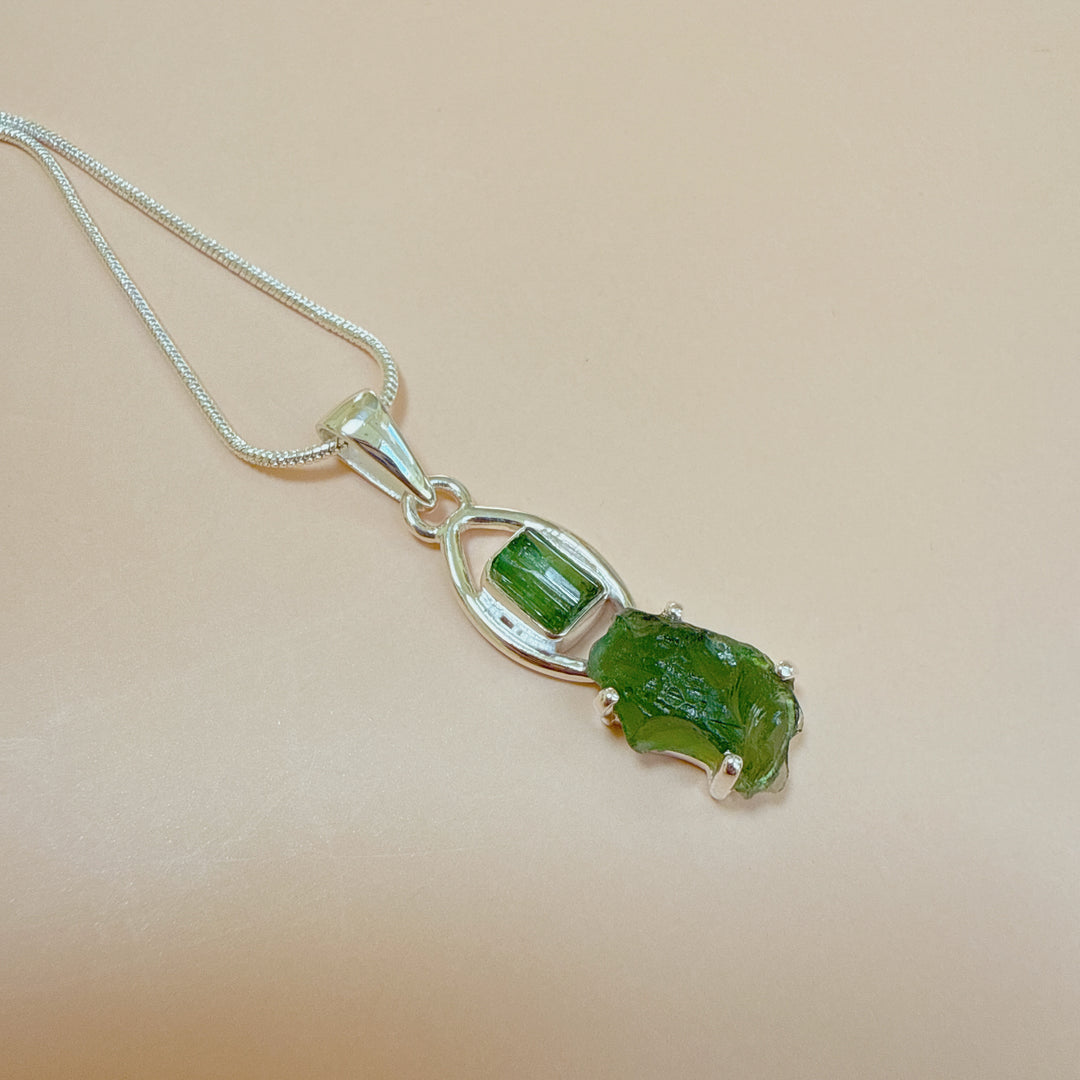 MOLDAVITE & GREEN TOURMALINE PENDANT