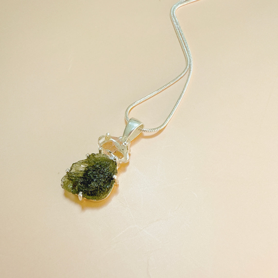 MOLDAVITE & HERKEMIER DIAMOND PENDANT