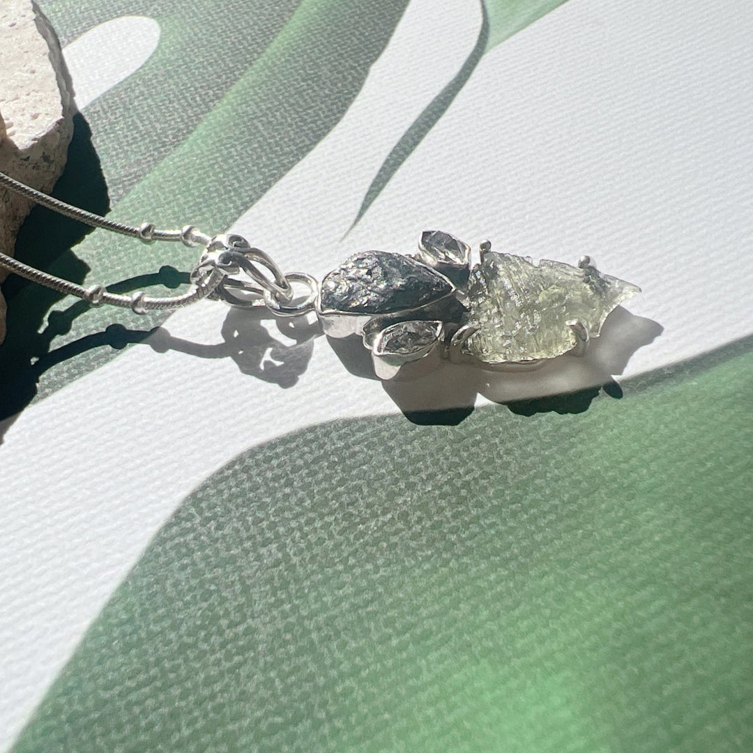 MOLDAVITE, HERKIMER DIAMOND, METEORITE CAMPO DEL CIELO PENDANT