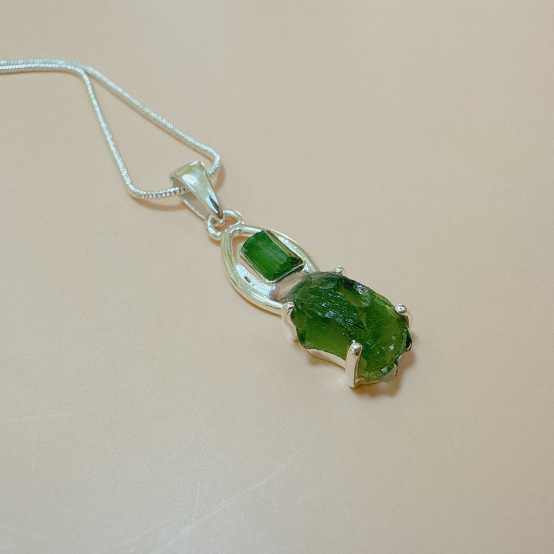 MOLDAVITE & GREEN TOURMALINE PENDANT