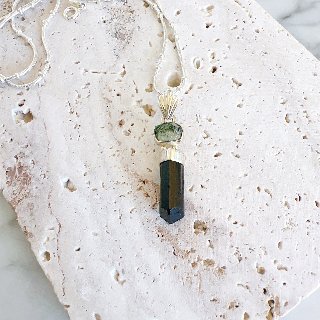 MOLDAVITE & BLACK TOURMALINE PENDANT