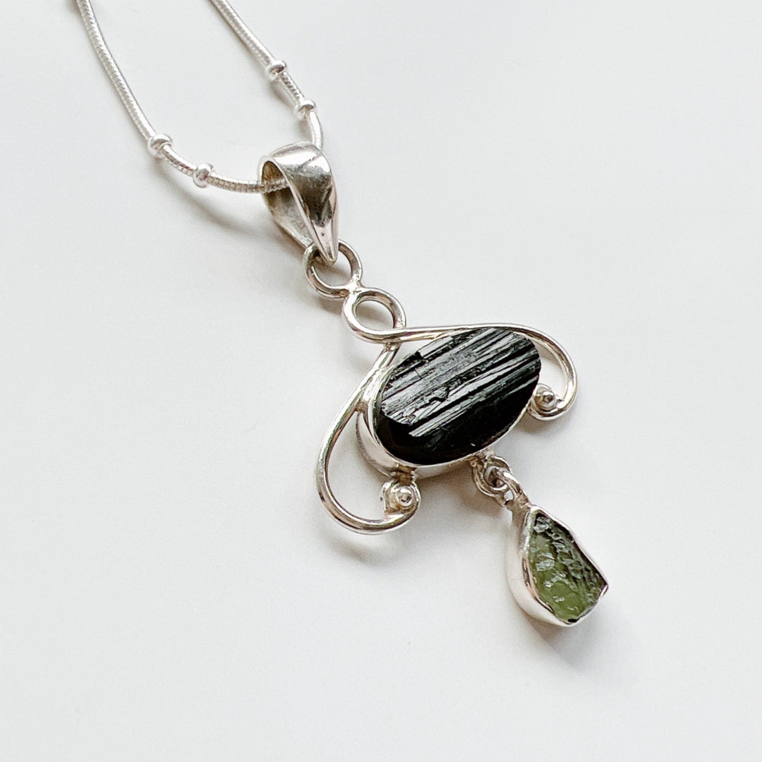 MOLDAVITE & BLACK TOURMALINE PENDANT