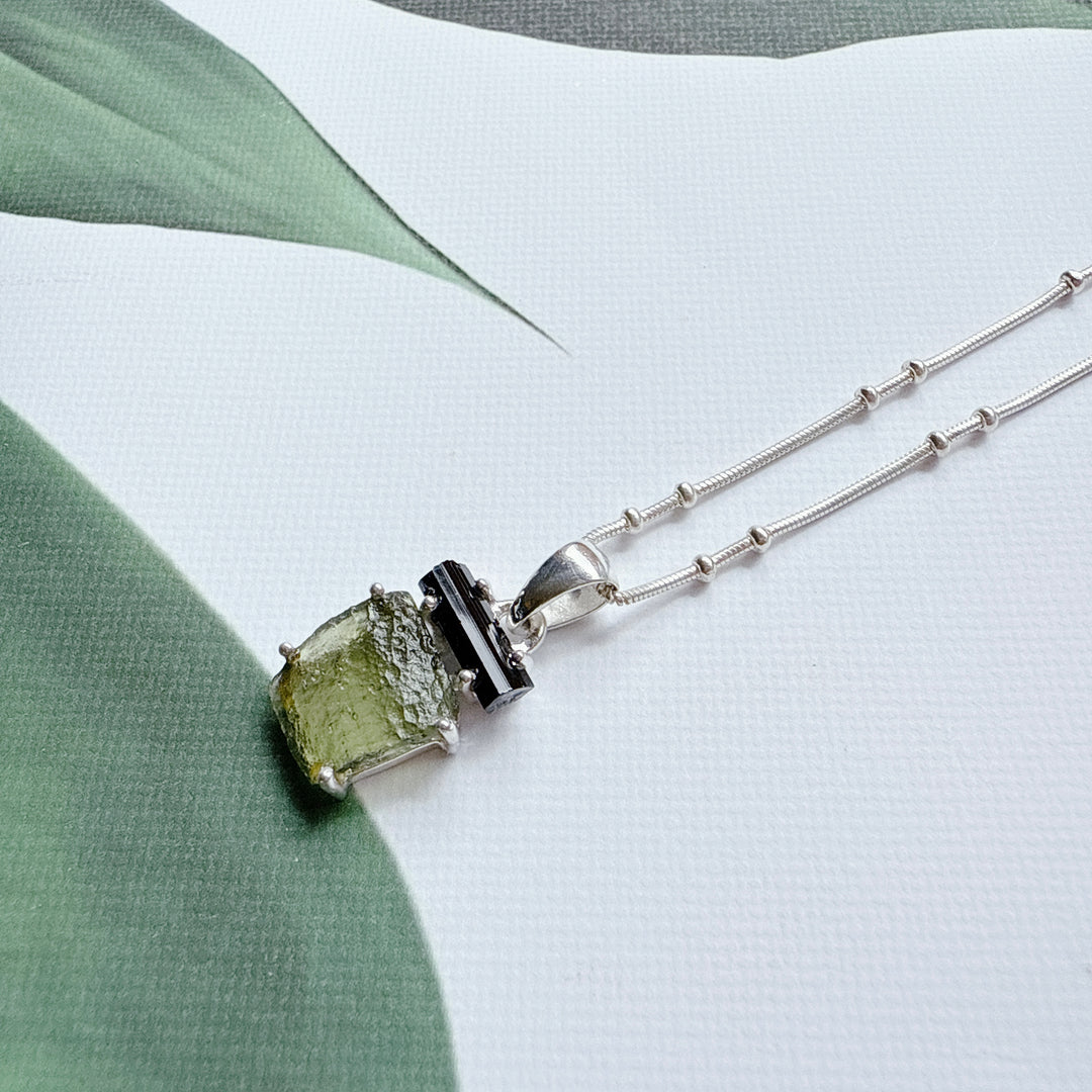 MOLDAVITE & BLACK TOURMALINE PENDANT