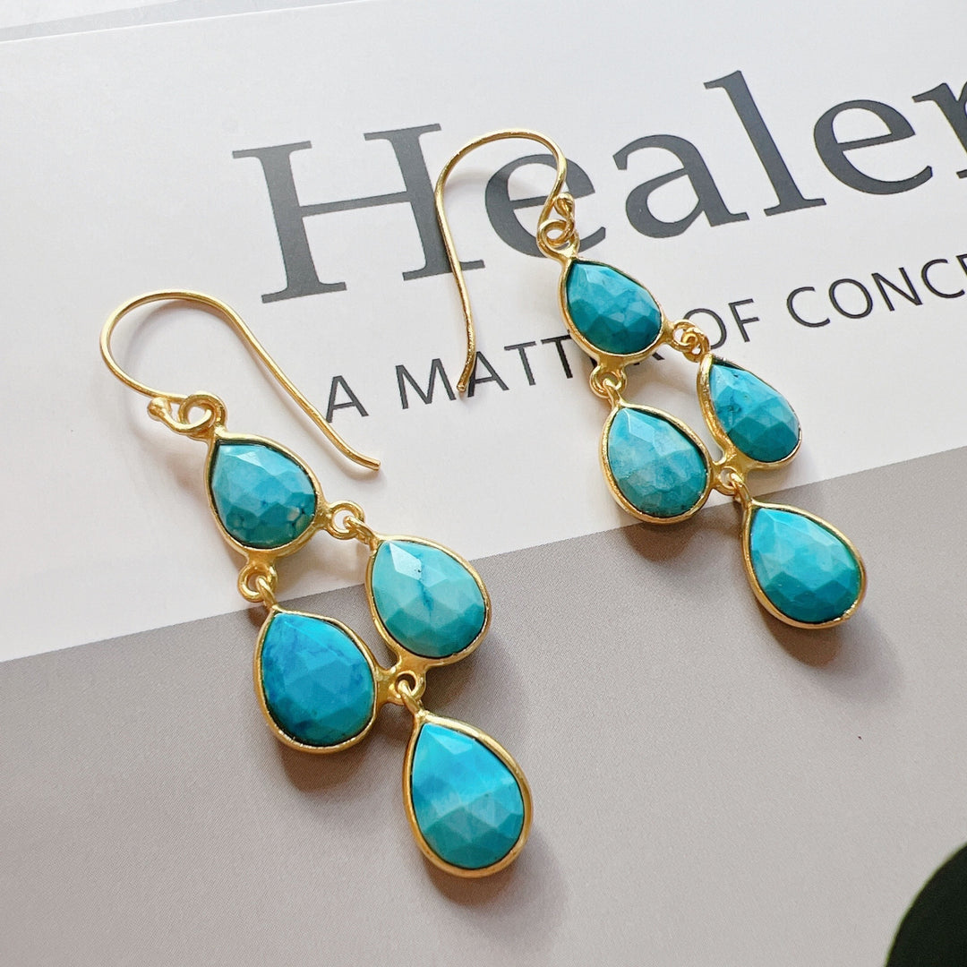 Turquoise Gemstone 925 Silver Gold Plated Earrings