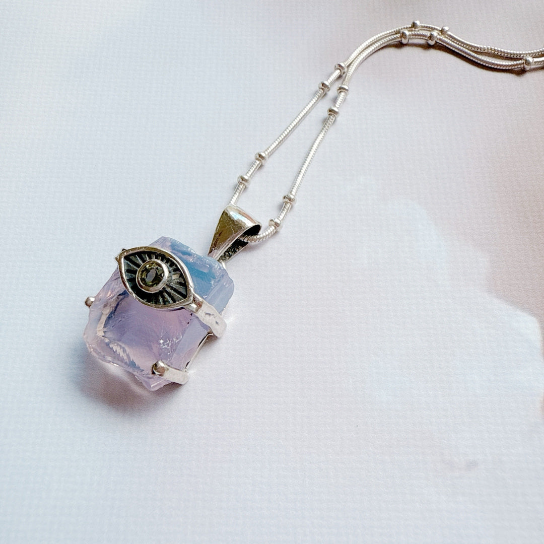 Evil Eye Pendant with Lavender & Faceted Moldavite