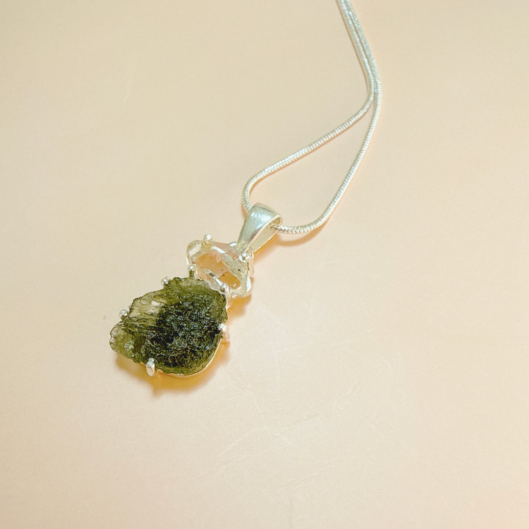 MOLDAVITE & HERKEMIER DIAMOND PENDANT