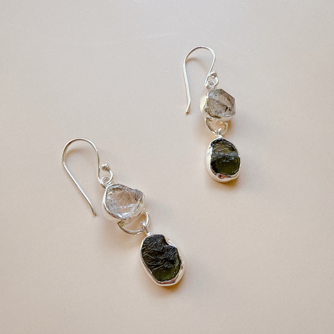 Moldavite & Herkemir Diamond Earrings