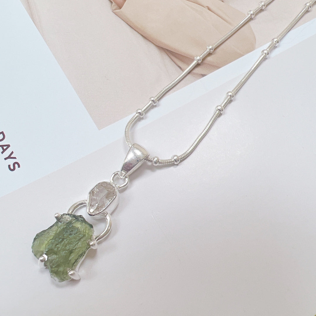 MOLDAVITE & HERKEMIR DIAMOND PENDANT