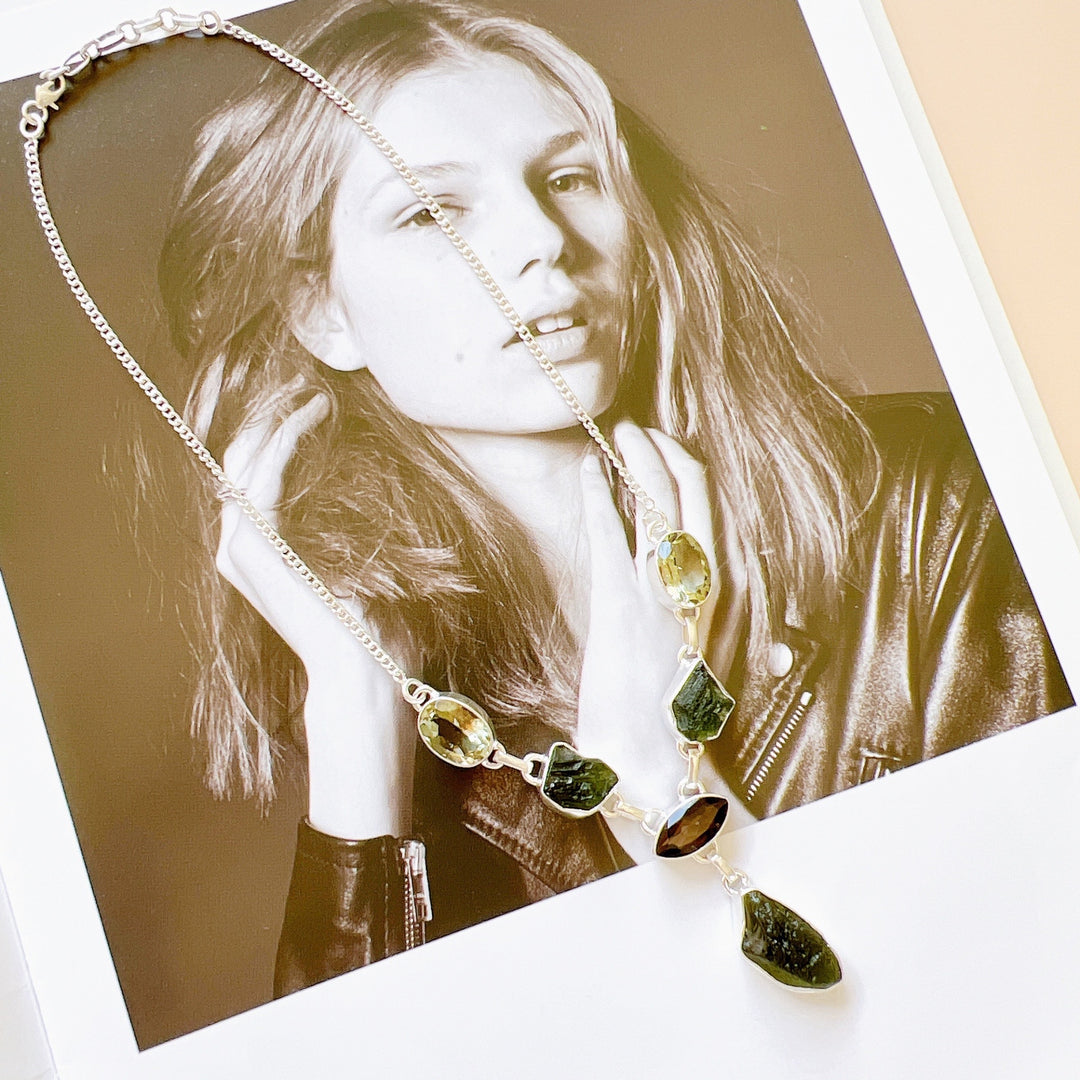 Moldavite, Smoked Quartz & Peridot Necklace