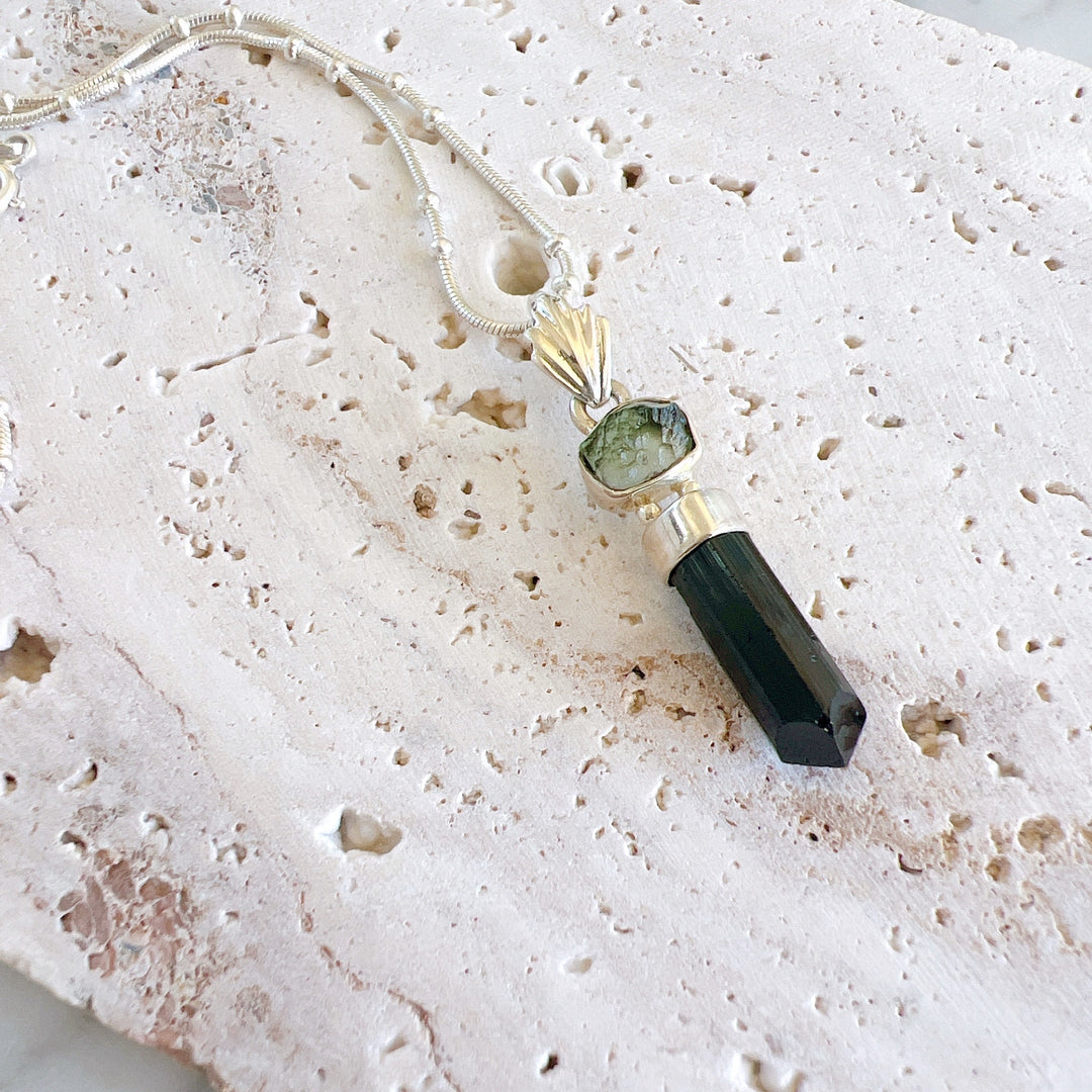 MOLDAVITE & BLACK TOURMALINE PENDANT