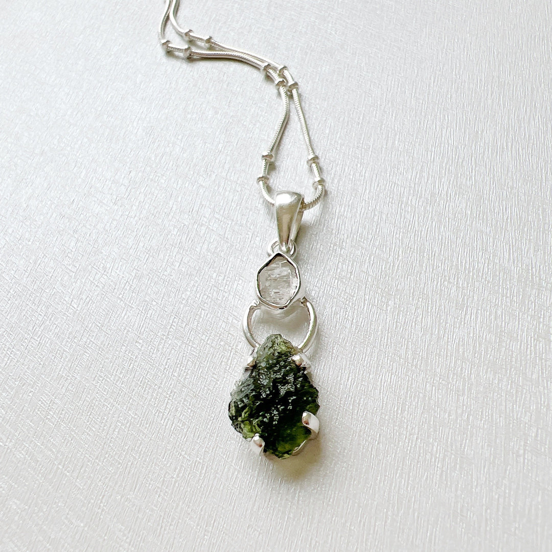 MOLDAVITE & HERKEMIR DIAMOND PENDANT