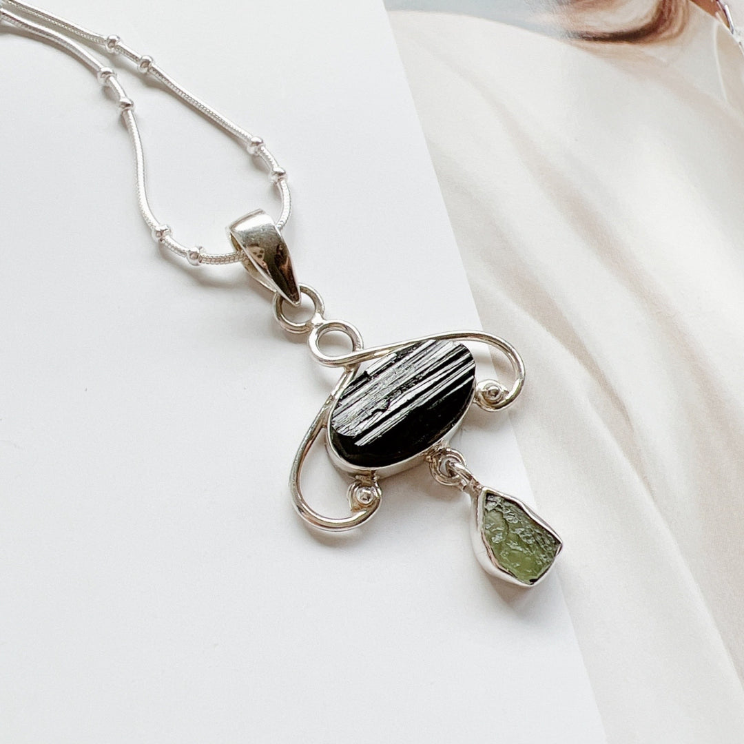 MOLDAVITE & BLACK TOURMALINE PENDANT