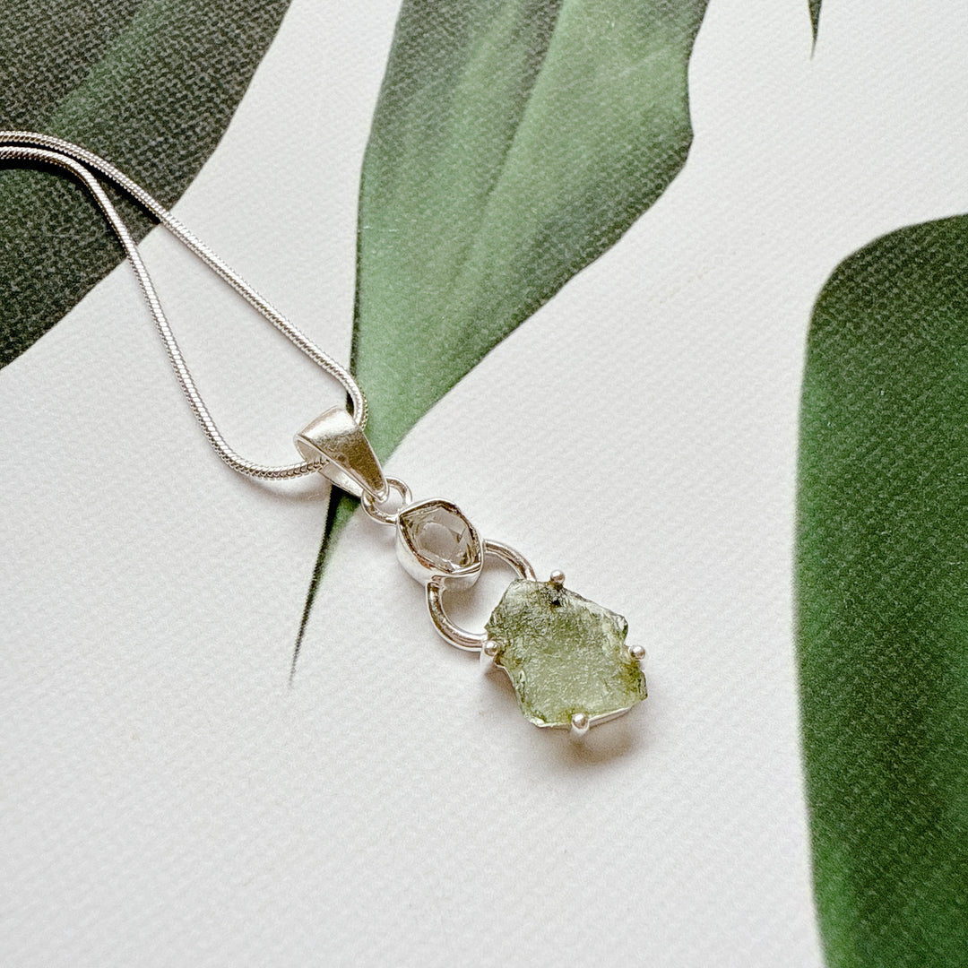 MOLDAVITE & HERKEMIER DIAMOND PENDANT