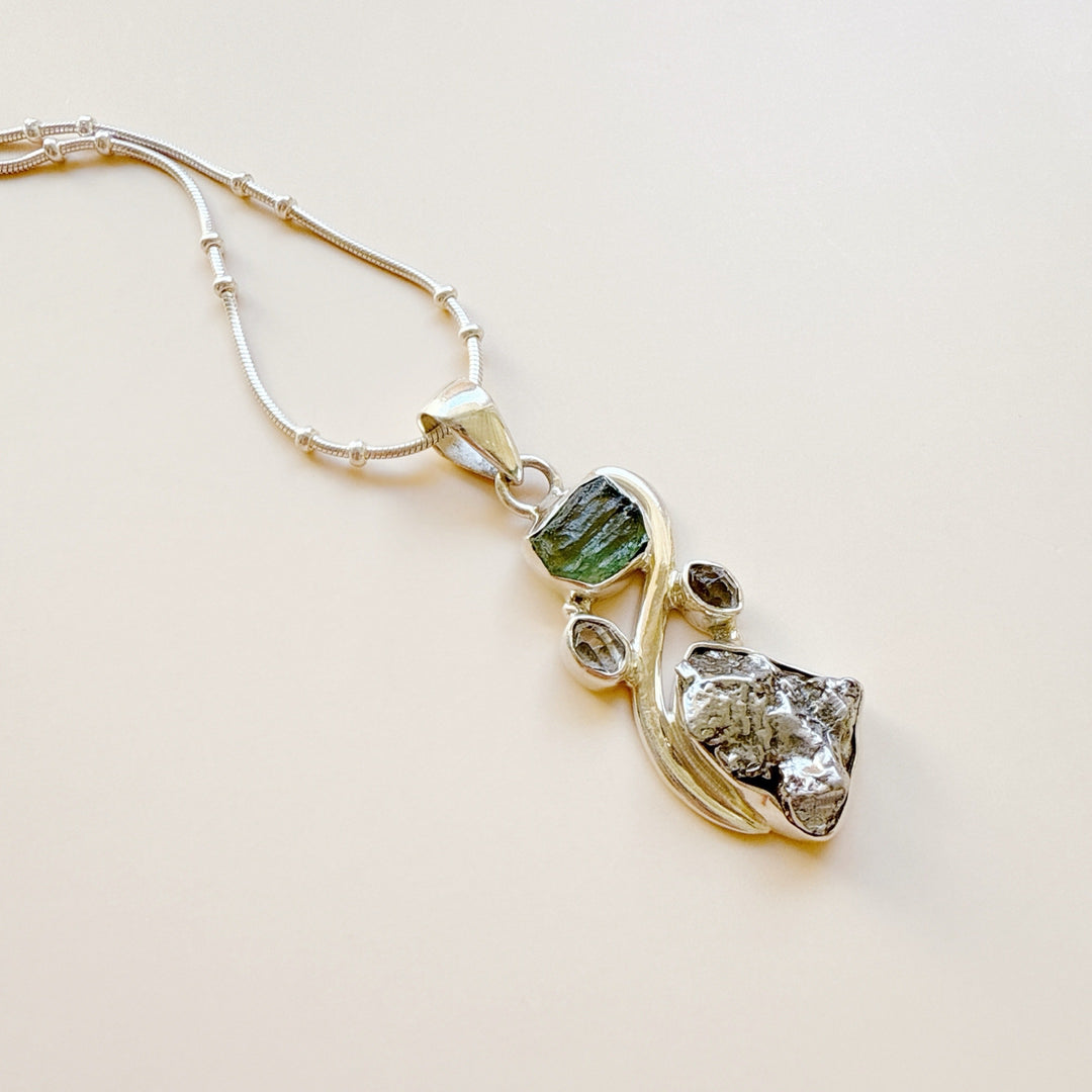 MOLDAVITE, HERKIMER DIAMOND, METEORITE CAMPO DEL CIELO PENDANT