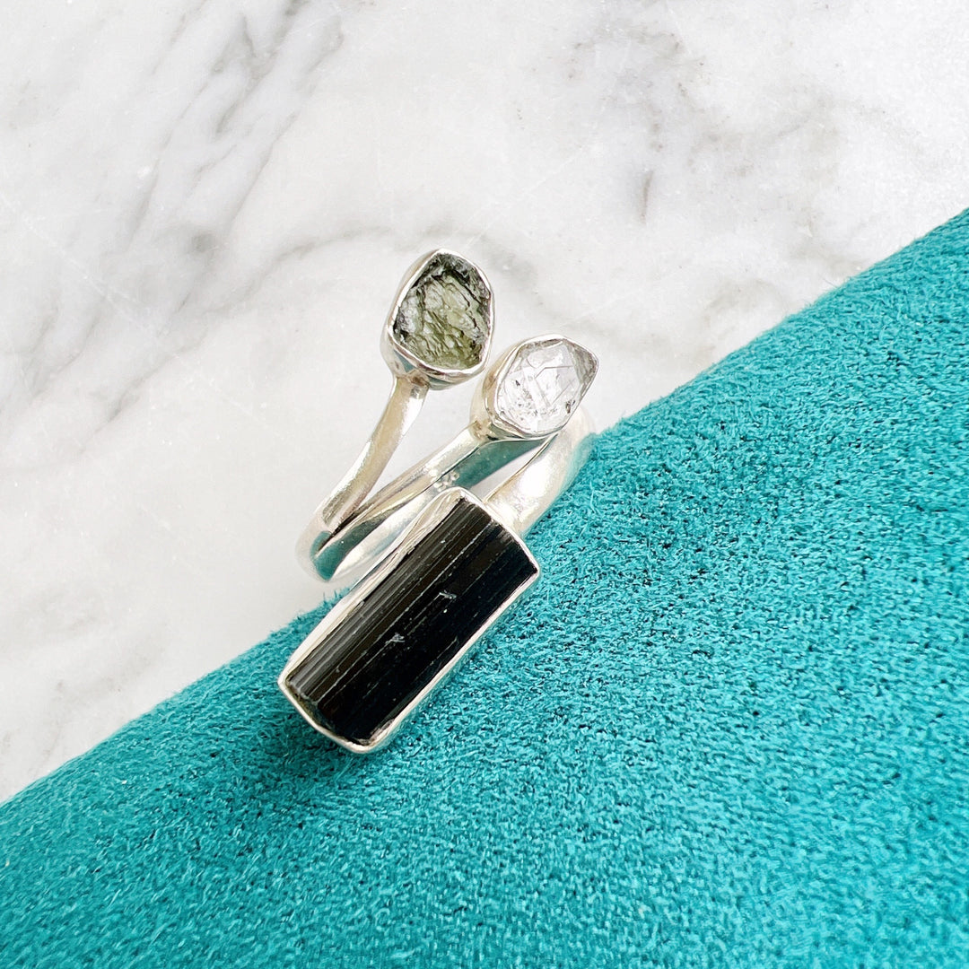 Moldavite , Herkimer Diamond & Black Tourmaline Ring